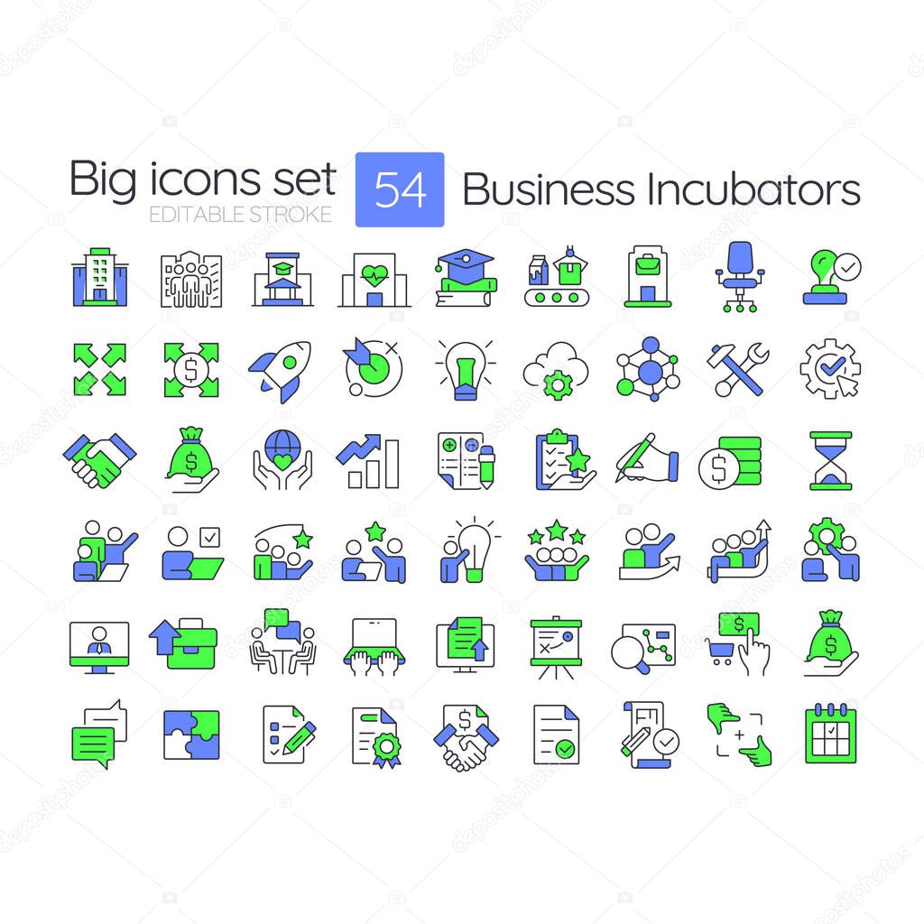 Business incubators line color icons set. Teamwork organization, Partnership, negotiation. Investment, funding. Vector illustrations. Simple flat colorful symbols collection. Editable stroke