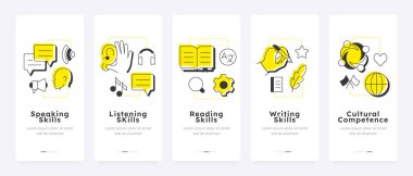 Ekranlarda mobil uygulama öğrenme dili. Konuş, dinle. Okuma, yazma. İletişim, çalışma. Düz UI UX tasarımı, ana hatları konseptsel olan sarı renklendirme. Kullanılan Lexend yazı tipi