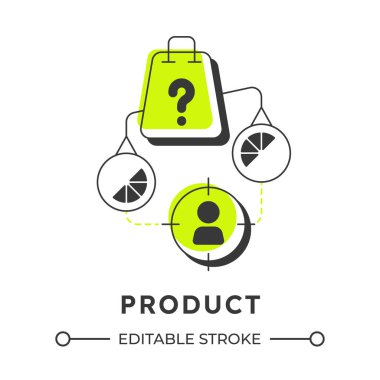 Modern doğrusal ürün konsepti simgesi. Hedef kitle, müşteri. İş stratejisi. Piyasa araştırması, reklam. Noktalı çizgilerle birleştirilmiş düz ana hatlar. Yaratıcı görsel. Düzenlemesi kolay