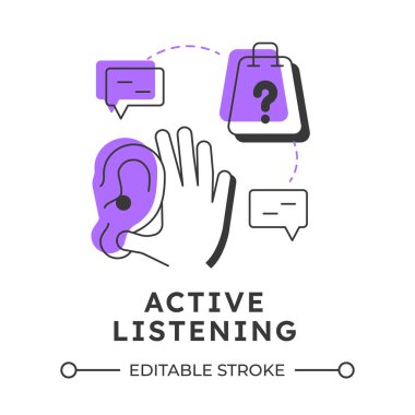 Etkin dinleme modern doğrusal konsept simgesi. Sosyal iletişim. Müşteri hizmetleri, nişan. Empati, yetenek. Noktalı çizgilerle birleştirilmiş düz ana hatlar. Yaratıcı görsel. Düzenlemesi kolay