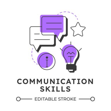 İletişim becerileri modern doğrusal konsept simgesi. Konuş, konuş. Çalışıyor, öğreniyor. Müşteri tecrübesi. Noktalı çizgilerle birleştirilmiş düz ana hatlar. Yaratıcı görsel. Düzenlemesi kolay