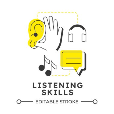 Dinleme becerileri modern doğrusal konsept simgesi. Sosyal iletişim. Profesyonel, empati. Konuş, konuş. Noktalı çizgilerle birleştirilmiş düz ana hatlar. Yaratıcı görsel. Düzenlemesi kolay