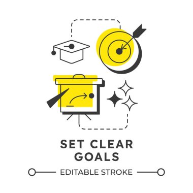 Net hedefleri modern doğrusal konsept simgesi olarak ayarla. Hedef hedef, dönüm noktası. Strateji, planlama. Eğitim, eğitim. Noktalı çizgilerle birleştirilmiş düz ana hatlar. Yaratıcı görsel. Düzenlemesi kolay