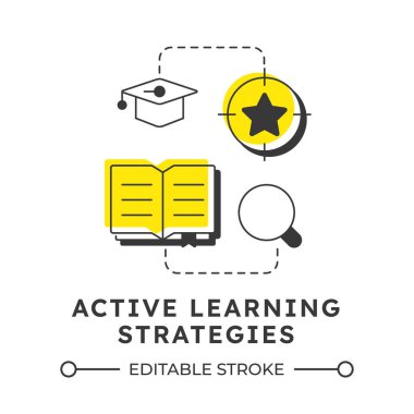 Etkin öğrenme stratejileri modern doğrusal konsept simgesi. Eğitim, eğitim. Araştırma, bilgi. Mezuniyet şapkası, kitap. Noktalı çizgilerle birleştirilmiş düz ana hatlar. Yaratıcı görsel. Düzenlemesi kolay