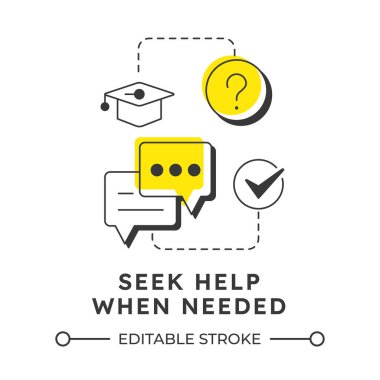 Modern doğrusal konsept simgesi gerektiğinde yardım isteyin. Öğrenme desteği, iletişim. Eğitim yardımı. Noktalı çizgilerle birleştirilmiş düz ana hatlar. Yaratıcı görsel. Düzenlemesi kolay