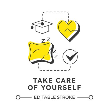 Kendine iyi bak modern doğrusal konsept ikonu. Zihinsel destek, sağlık hizmeti. Bilgi çalışmak, öğrenmek. Noktalı çizgilerle birleştirilmiş düz ana hatlar. Yaratıcı görsel. Düzenlemesi kolay