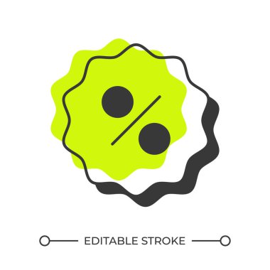 İndirim yüzdesi gölge çizgisi simgesi. Ürün fiyatı, satış. İş stratejisi, tanıtım. Katı yeşil dolgulu kalın ana hatlı sembol. Modern düz çizim. Düzenlenebilir vuruş