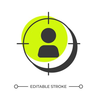 Hedef seçili gölge çizgi simgesi. Pazarlama seyircisi. Reklamcılık, promosyon. Kullanıcı deneyimi, servis. Katı yeşil dolgulu kalın ana hatlı sembol. Modern düz çizim. Düzenlenebilir vuruş