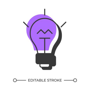 Yaratıcı düşünme gölge çizgisi simgesini dengeliyor. Fikir ampulü, yenilik. Sorun çözme. İlham, enerji. Koyu mor dolgulu kalın ana hatlı sembol. Modern düz çizim. Düzenlenebilir vuruş