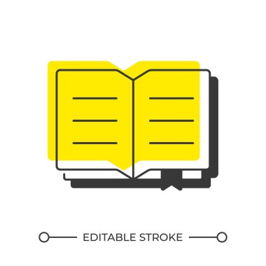 Kitap okuma gölge çizgisi simgesi. Eğitim süreci, eğitim. Bilgi öğrenme, bilgi. Katı turuncu dolgulu kalın ana hatlı sembol. Modern düz çizim. Düzenlenebilir vuruş