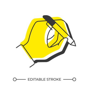 Yerleşik gölge çizgisi simgesi yazılıyor. Yetenek gelişimi, kişisel gelişim. İletişim, çalışma. Kalem, el. Katı turuncu dolgulu kalın ana hatlı sembol. Modern düz çizim. Düzenlenebilir vuruş