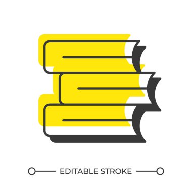 Kitaplar gölge çizgi simgesini dengeler. Belgeler, eğitim. Bilgi öğrenme, mezuniyet. Katı turuncu dolgulu kalın ana hatlı sembol. Modern düz çizim. Düzenlenebilir vuruş
