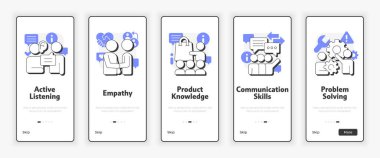 Satıcının temel becerileri ekranda. Perakende ve müşteri hizmetleri UX UI illüstrasyonu. Mor aksanlı düz taslak simgeler. Informa Pro Bold, Montserrat Light yazı tipleri kullanıldı