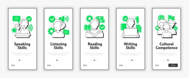 Dil öğrenme becerileri mobil ekranda. Konuşma, UX UI resimlerini okuma becerisi. Yeşil aksanlı düz çizgili taslak simgeler. Informa Pro Bold, Montserrat Light yazı tipleri kullanıldı