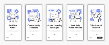 Ekranda akademik performans mobil ekranını geliştir. Öğrenciler UX UI illüstrasyonunu destekliyor. Mor aksanlı düz taslak simgeler. Informa Pro Bold, Montserrat Light yazı tipleri kullanıldı