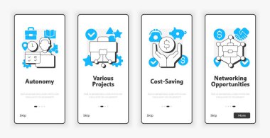 Dijital göçebe profesyoneller olarak ekranda geziyoruz. UX UI illüstrasyonunu tasvir eden çevrimiçi iş imkanları. Mavi aksanlı düz çizgili taslak simgeler. Informa Pro Bold, Montserrat Light yazı tipleri kullanıldı
