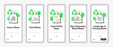 Organic waste types mobile onboarding screen. Green, food, non hazardous wood waste UX UI illustration. Flat outline style icons with green accent. Informa Pro Bold, Montserrat Light fonts used clipart