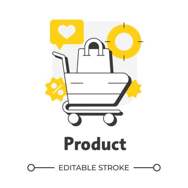 Ürün düz çizgi konsept ikonu. Müşteri tercihlerini tatmin eder. Dört P pazarlama karışımı. Çantalı alışveriş arabası. Sarı kabartmalı modern çizgi çizimi. Kavramsal görsel. Düzenlemesi kolay