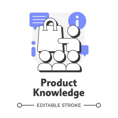 Ürün bilgisi düz çizgi konsept ikonu. Doğru bir bilgi. Müşteri hizmetleri. Satış temsilcisi, perakende satıcısı. Mor şekilli modern çizgi çizimi. Kavramsal görsel. Düzenlemesi kolay