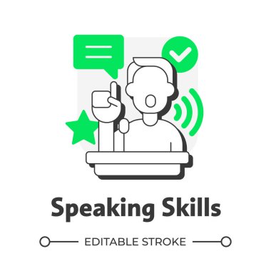 Konuşma becerileri düz çizgi konsept ikonu. Dil öğrenme becerisi. Etkili iletişim. Bilgileri sözlü olarak iletiyorum. Yeşil kabartmalı modern çizgi çizimi. Kavramsal görsel. Düzenlemesi kolay