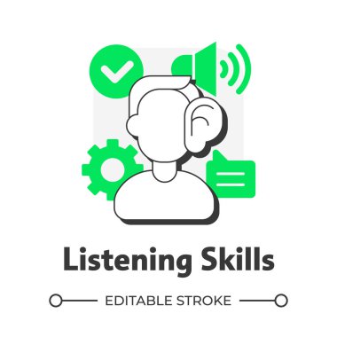 Dinleme becerileri düz çizgi konsept ikonu. Dil öğrenme becerisi. Doğru algılama, yorumlama mesajları. Yeşil kabartmalı modern çizgi çizimi. Kavramsal görsel. Düzenlemesi kolay