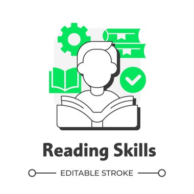 Yazma becerileri düz çizgi konsept simgesi. Dil öğrenme. Metin yeteneğinden anlamları deşifre etmek. Kelime tanıma. Yeşil kabartmalı modern çizgi çizimi. Kavramsal görsel. Düzenlemesi kolay