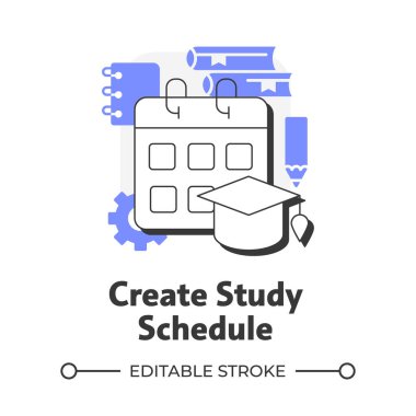 Çalışma takvimi düz hatlı konsept simgesi oluştur. Evde eğitim. Akademik gelişme. Eylem planı. Zaman yönetimi. Mor şekilli modern çizgi çizimi. Kavramsal görsel. Düzenlemesi kolay