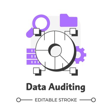 Veri denetimi düz hatlı konsept simgesi. İzleme algoritmaları değiştirir. Veri gölü anahtarı. Otomasyon yazılımı. Mor şekilli modern çizgi çizimi. Kavramsal görsel. Düzenlemesi kolay