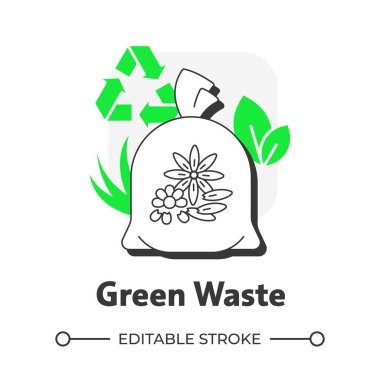 Yeşil atık düz ana hatlı konsept simgesi. Organik çöp türü. Bahçeyi reddet. Biyolojik gübre. Çim kesme. Yeşil kabartmalı modern çizgi çizimi. Kavramsal görsel. Düzenlemesi kolay