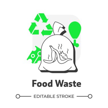 Gıda atığı düz ana hatlı konsept ikonu. Organik çöp tipi. Yiyecek kaybı, yemek artıkları. İnsan tüketimi için üretim. Yeşil kabartmalı modern çizgi çizimi. Kavramsal görsel. Düzenlemesi kolay