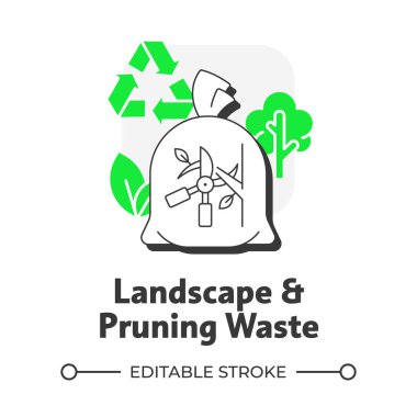 Peyzaj ve atıkların budanması konsept simgesi. Organik çöp türü. Bitkileri ve otları ortadan kaldırmak. Yeşil kabartmalı modern çizgi çizimi. Kavramsal görsel. Düzenlemesi kolay