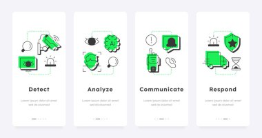 Ekosistem ekosistem mobil uygulaması ekranlarda. Dijital ağın korunması. Anti-zararlı yazılım. Düz UI UX tasarımı, taslak simgeli yeşil ışıklandırma kavramsal. Kullanılan Lexend yazı tipi