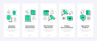 Fiziksel güvenlik sistemleri mobil uygulamasının bileşenleri ekranlarda. Güvenlik geliştirme ekipmanları. Düz UI UX tasarımı, taslak simgeli yeşil ışıklandırma kavramsal. Kullanılan Lexend yazı tipi