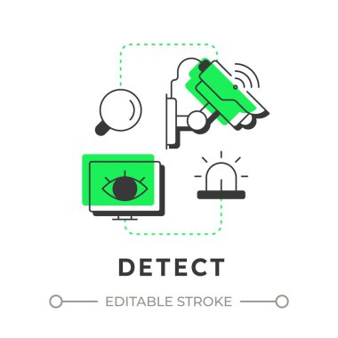 Tehditleri algıla düz çizgi konsept ikonu. Fiziksel güvenlik ekosistemi. Riskleri tanımla. Savunmanın ilk hattı. Yeşil kabartmalı modern çizgi çizimi. Kavramsal görsel. Düzenlemesi kolay