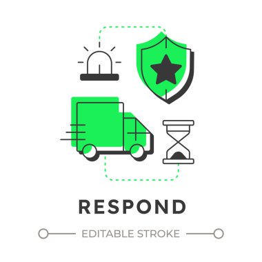 Düz çizgi konsept simgesine yanıt ver. Fiziksel güvenlik ekosistemi. Analiz edilmiş tehditlere dayalı eylem. Korunma. Yeşil kabartmalı modern çizgi çizimi. Kavramsal görsel. Düzenlemesi kolay