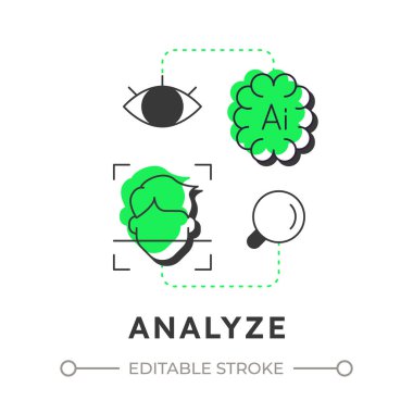 Olayları düz ana hatlı konsept simgesi olarak analiz et. Fiziksel güvenlik ekosistemi. Algılama sistemlerindeki veriler değerlendiriliyor. Yeşil kabartmalı modern çizgi çizimi. Kavramsal görsel. Düzenlemesi kolay