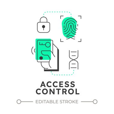 Erişim kontrolü düz hatlı konsept simgesi. Fiziksel güvenlik sisteminin bileşeni. Tesis, çıkış yönetimine giriyor. Yeşil kabartmalı modern çizgi çizimi. Kavramsal görsel. Düzenlemesi kolay