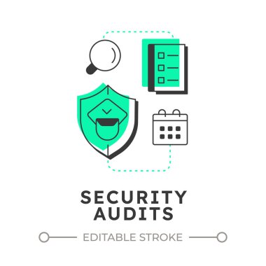 Güvenlik taslak konsept simgesini denetliyor. Fiziksel koruma sisteminin bileşeni. Korunmanın etkinliğini değerlendir. Yeşil kabartmalı modern çizgi çizimi. Kavramsal görsel. Düzenlemesi kolay