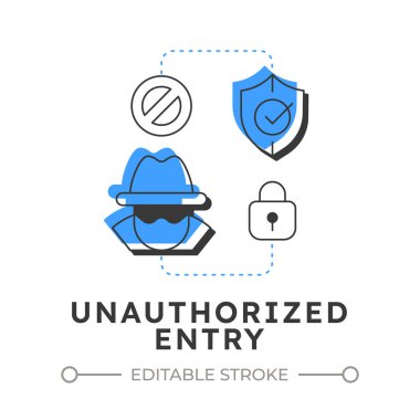 Yetkisiz giriş düz çizgi konsept simgesi. Fiziksel güvenlik tehdidi ve risk. Yasak bölge yönetmeliğine erişim. Mavi kabartmalı modern çizgi çizimi. Kavramsal görsel. Düzenlemesi kolay