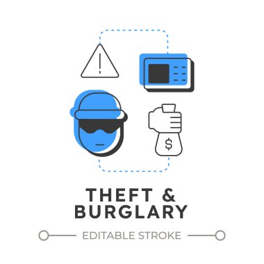 Hırsızlık ve hırsızlık konsept ikonu. Fiziksel güvenlik tehdidi ve risk. Kişisel eşyaların yasadışı olarak alınması. Mavi kabartmalı modern çizgi çizimi. Kavramsal görsel. Düzenlemesi kolay