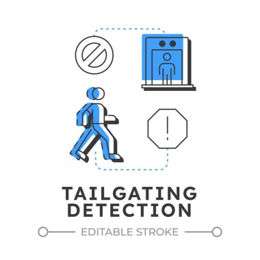 Kuyruk takibi ve düz hatlı konsept ikonu. Fiziksel güvenlik tehdidi ve risk. Yetkisiz giriş önlemi. Mavi kabartmalı modern çizgi çizimi. Kavramsal görsel. Düzenlemesi kolay
