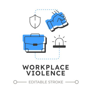 İşyeri şiddeti düz ana hatlı konsept ikonu. Fiziksel güvenlik tehdidi ve risk. Şirket ekipmanlarında hasar. Mavi kabartmalı modern çizgi çizimi. Kavramsal görsel. Düzenlemesi kolay