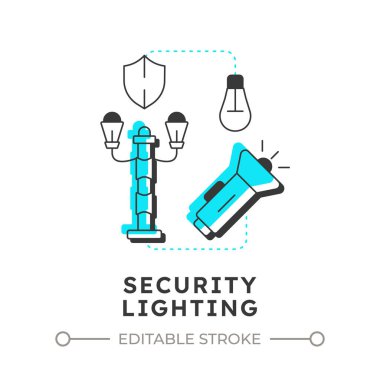 Güvenlik ışıklandırması düz çizgi konsept ikonu. Fiziksel koruma denetim bileşeni. Bölgede görünürlüğü arttır. Mavi kabartmalı modern çizgi çizimi. Kavramsal görsel. Düzenlemesi kolay