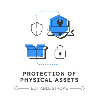 Fiziksel varlıkların korunması düz taslak konsept ikonu. Güvenlik sisteminin faydaları. Önemli bir mülkün güvenliği. Mavi kabartmalı modern çizgi çizimi. Kavramsal görsel. Düzenlemesi kolay