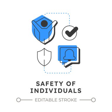 Bireylerin güvenliği düz ana hatlı konsept ikonu. Fiziksel güvenliğin faydaları. İnsanları tehditlerden korumak. Mavi kabartmalı modern çizgi çizimi. Kavramsal görsel. Düzenlemesi kolay