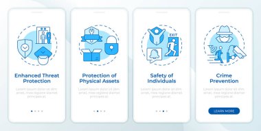 Mobil uygulama ekranında fiziksel güvenlik mavisinin faydaları. Veri. Doğrusal kavramlarla düzenlenebilir grafik yönergelerini dört adımda gözden geçir. UI, UX, GUI. Montserrat Yarı Kalın, Düzenli yazı tipleri