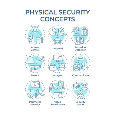 Fiziksel güvenlik yumuşak mavi konsept simgeleri. Güvenlik stratejisini sürdürüyor. İnsanları ve varlıkları korumak. Simge paketi. Vektör görüntüleri. Sunum için yuvarlak şekilli çizimler. Soyut fikir