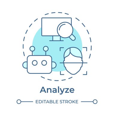 Olayları analiz et. Yumuşak mavi konsept simgesi. Fiziksel güvenlik ekosistemi. Algılama sistemlerindeki veriler değerlendiriliyor. Yuvarlak şekil çizimi. Soyut bir fikir. Grafik tasarımı. Kitapçıkta kullanması kolay