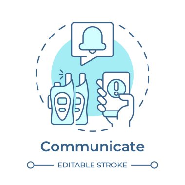 Yumuşak mavi konsept ikonu ile iletişim kurun. Fiziksel güvenlik ekosistemi. Acil sistemler arası koordinasyon. Yuvarlak şekil çizimi. Soyut bir fikir. Grafik tasarımı. Kitapçıkta kullanması kolay