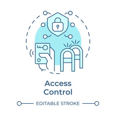 Erişim kontrolü yumuşak mavi konsept simgesi. Fiziksel güvenlik sisteminin bileşeni. Tesis, çıkış yönetimine giriyor. Yuvarlak şekil çizimi. Soyut bir fikir. Grafik tasarımı. Kitapçıkta kullanması kolay